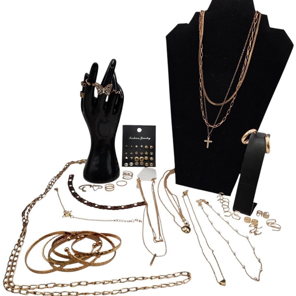 Gold Tone Costume Jewelry Lot Mixed Pack Necklaces Rings Earrings NWOT
